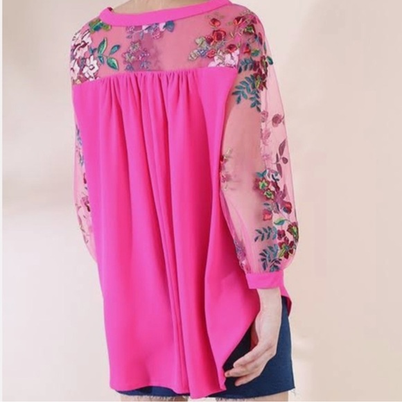 Umgee | Hot Pink Blouse‎ with Floral Mesh Sleeves - Picture 2 of 8